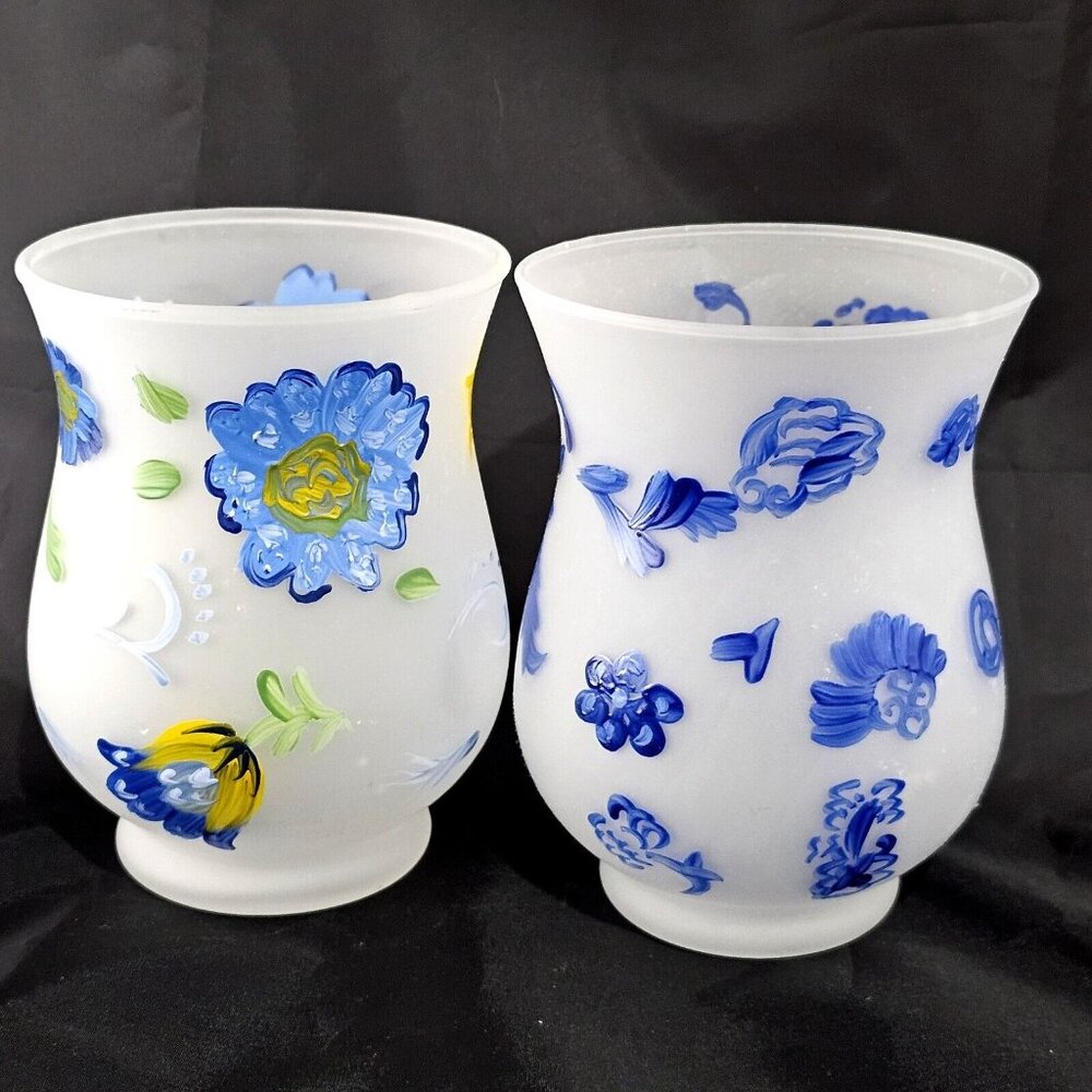 2 Hallmark Handpainted Hurricane Candle Holders 5" includes votives blue yellow - Picture 1 of 7